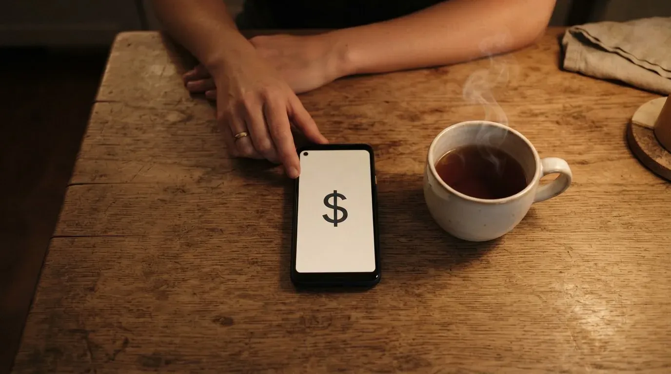 A hand setting a smartphone down beside a cup of tea on a kitchen table on a quiet evening