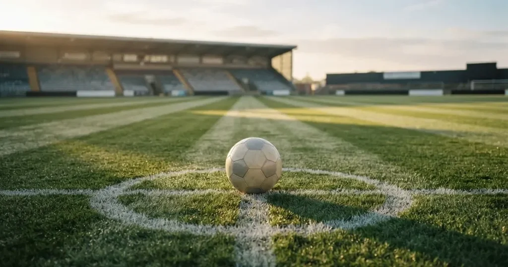 A ball on the centre spot of a grass pitch in morning light