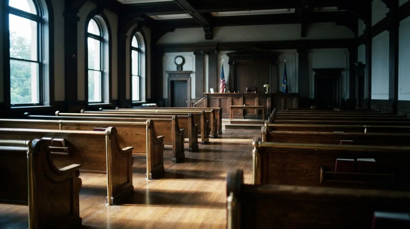 An empty courtroom with wooden benches in morning light