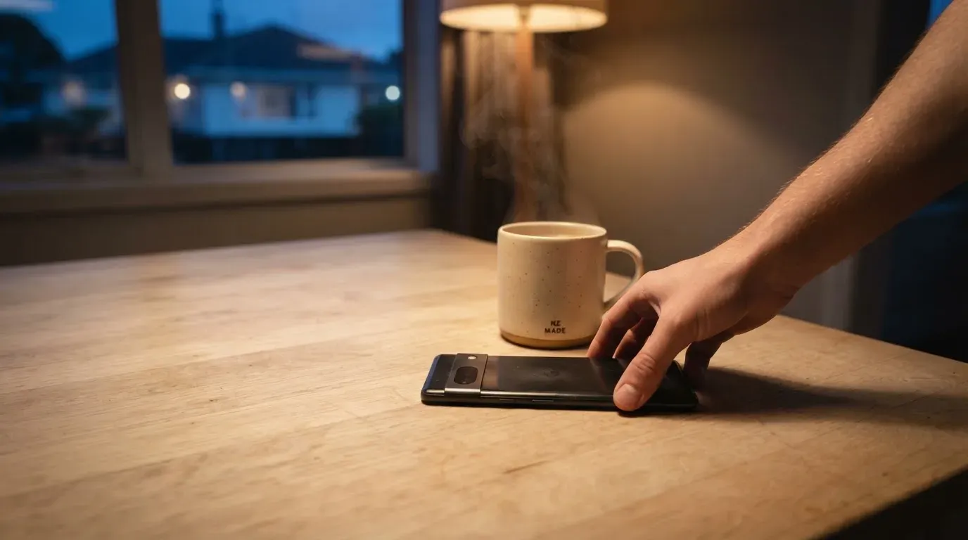 A hand setting a smartphone down beside a cup of tea on a kitchen table on a quiet evening