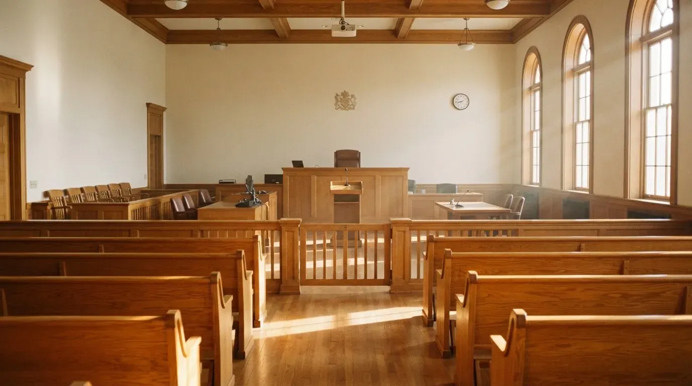 An empty courtroom with wooden benches in morning light