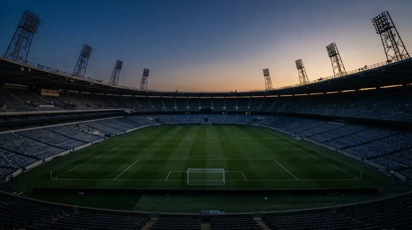An empty football stadium with floodlight masts at dusk