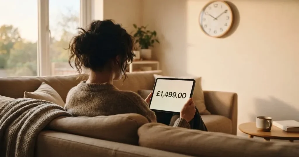 A person on a sofa looking thoughtfully at a tablet, a wall clock in the background