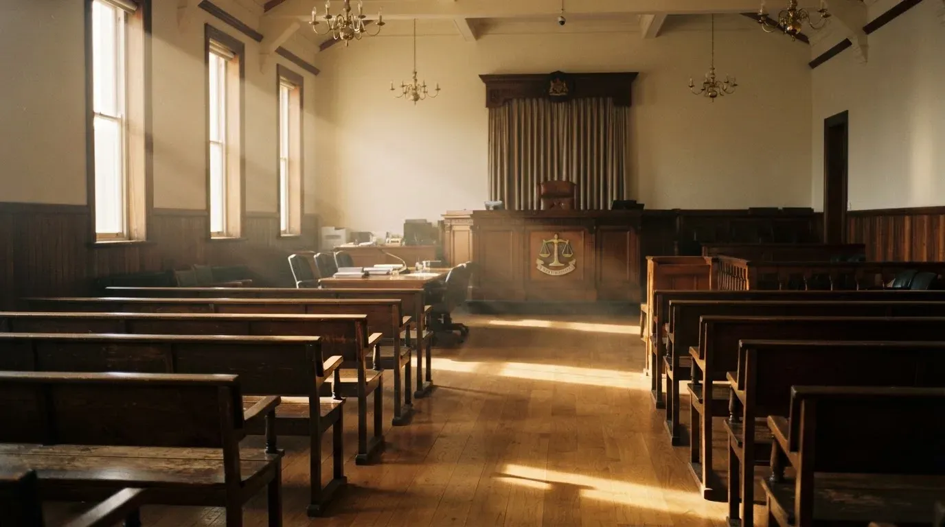 An empty courtroom with wooden benches in morning light