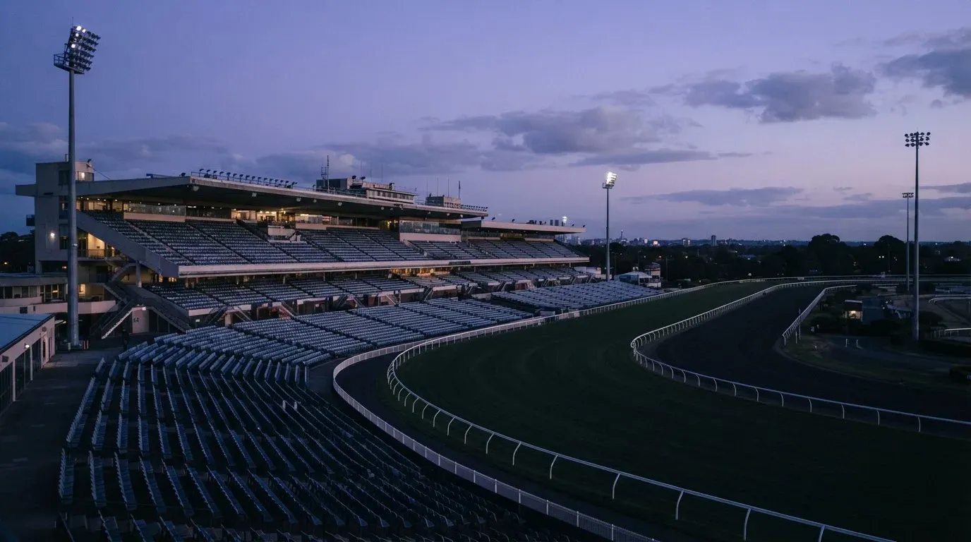 An empty football stadium with floodlight masts at dusk