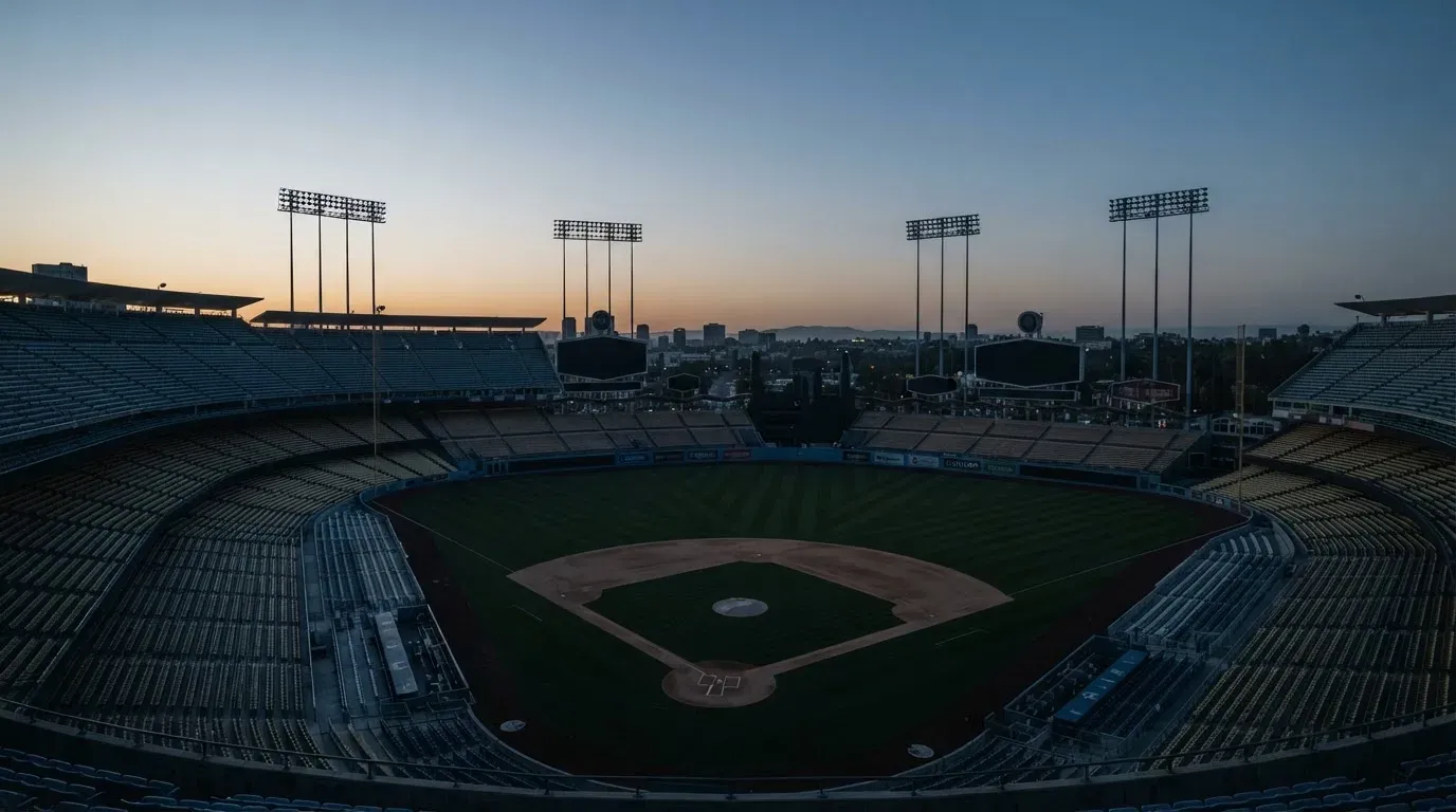 An empty football stadium with floodlight masts at dusk