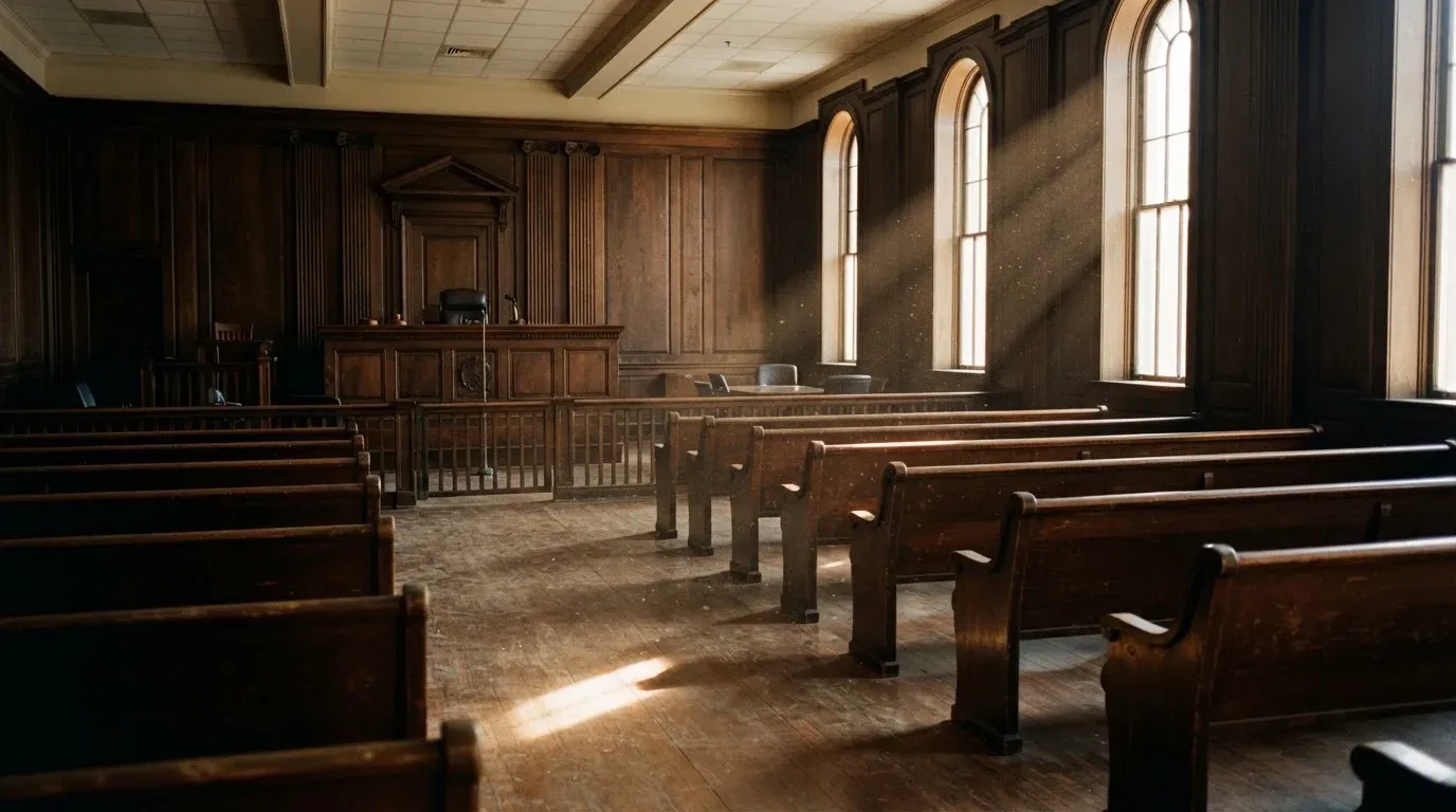 An empty courtroom with wooden benches in morning light