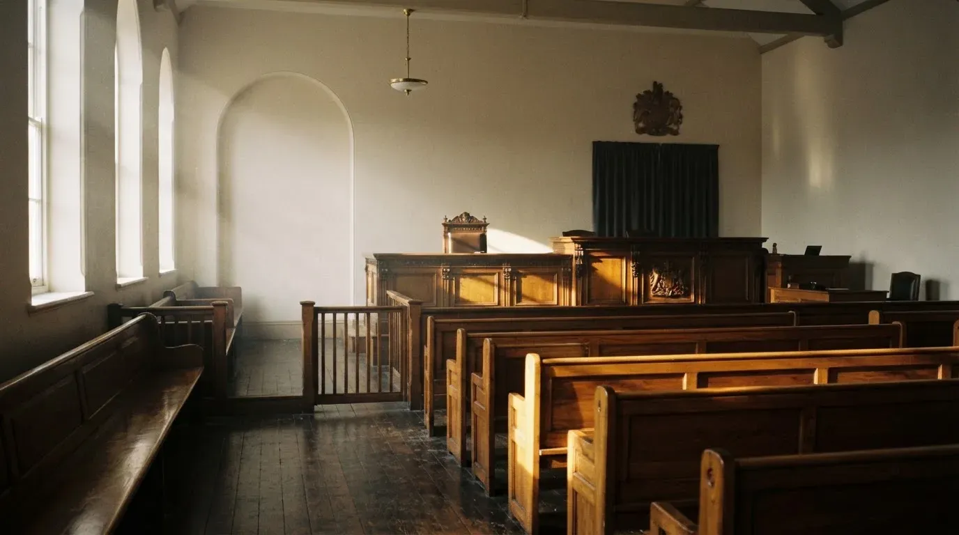 An empty courtroom with wooden benches in morning light