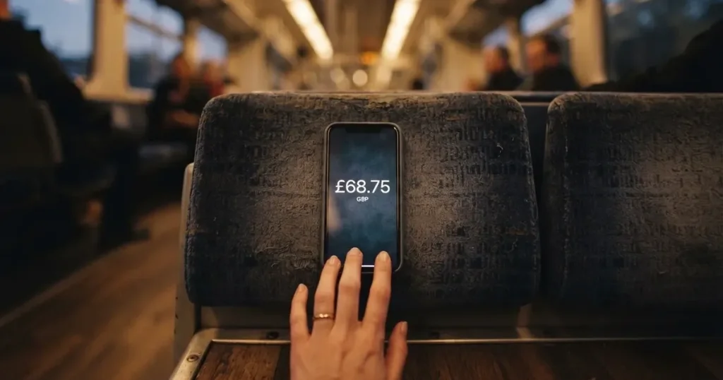 A hand holding a smartphone on a train in the evening, screen turned away