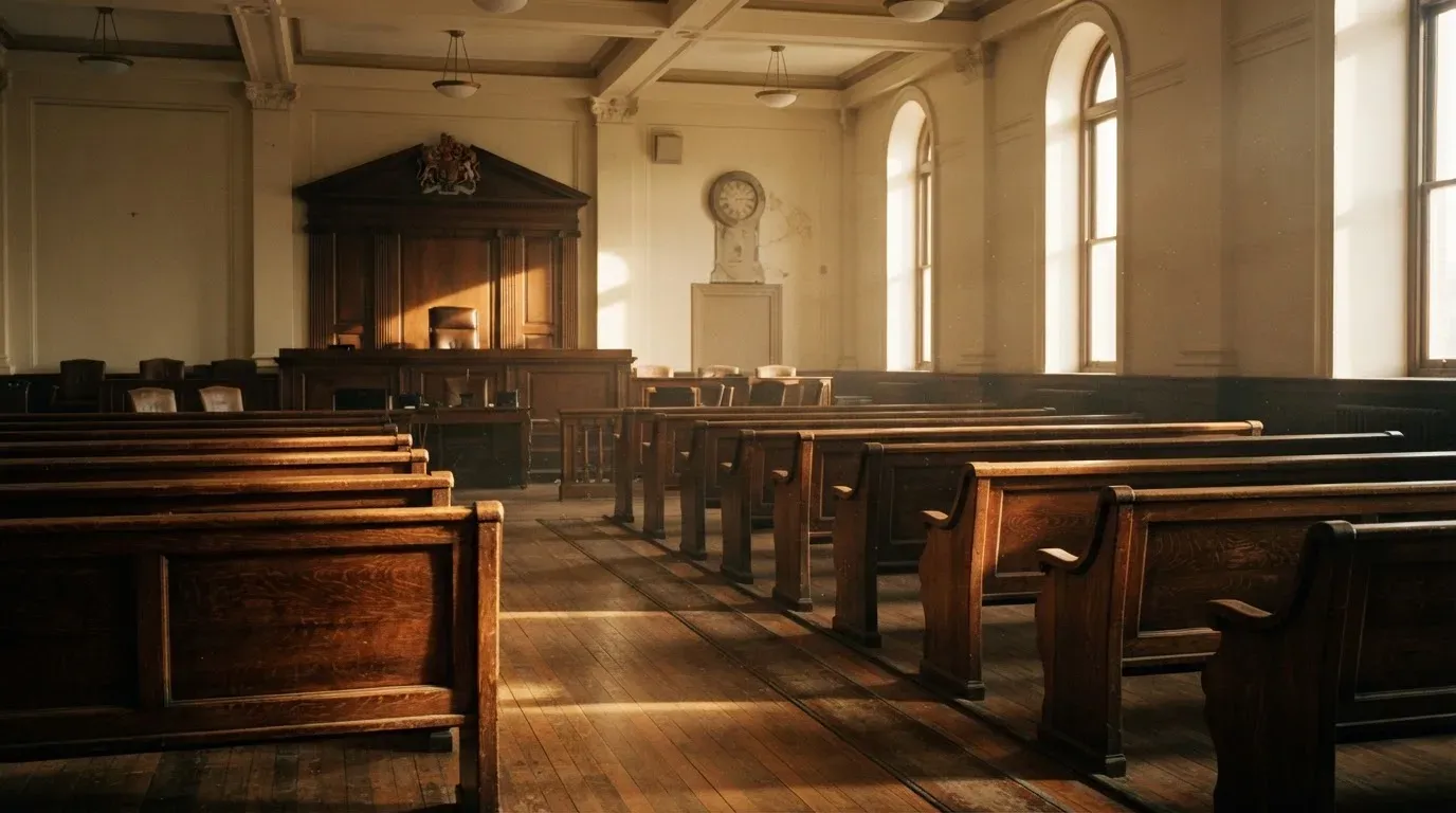 An empty courtroom with wooden benches in morning light