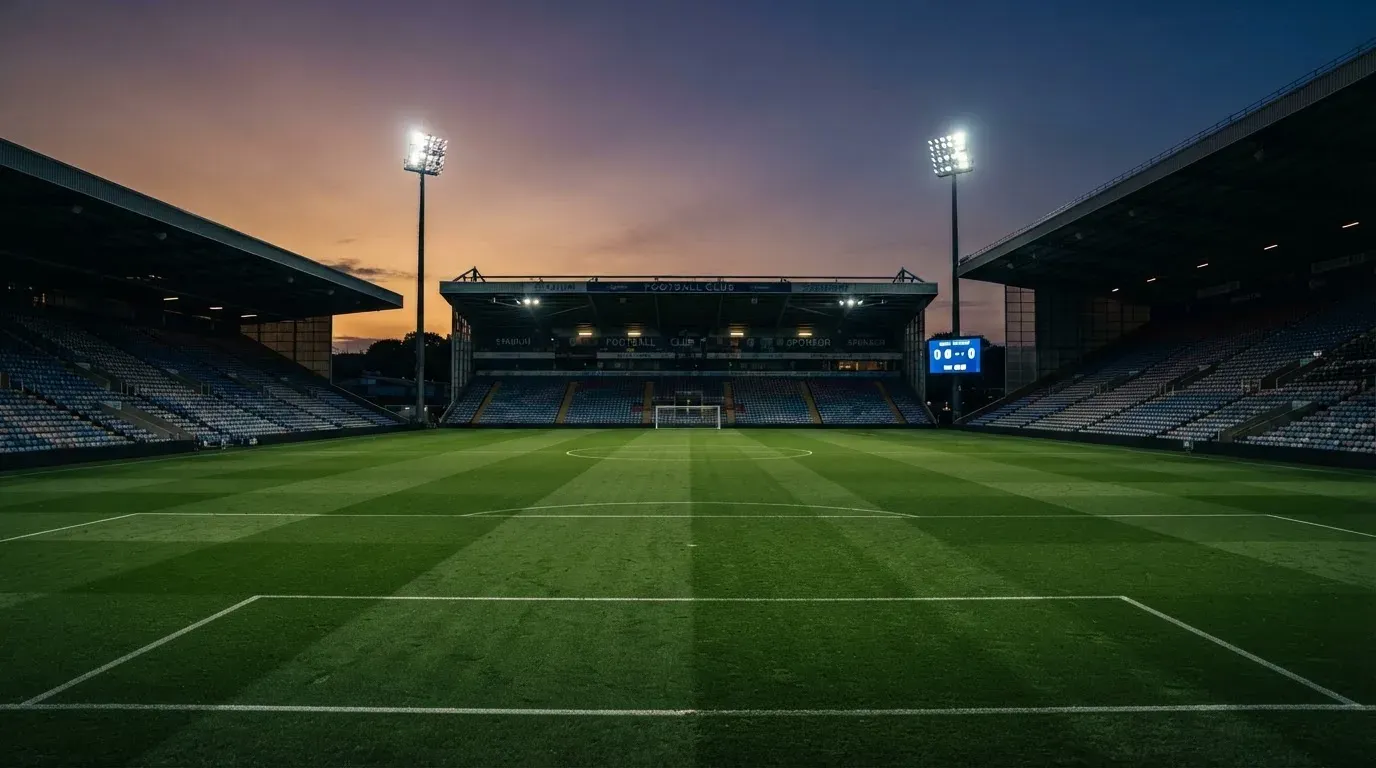 An empty football stadium with floodlight masts at dusk