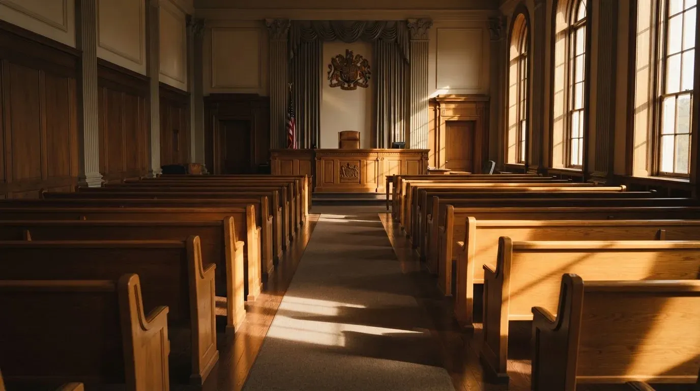 An empty courtroom with wooden benches in morning light