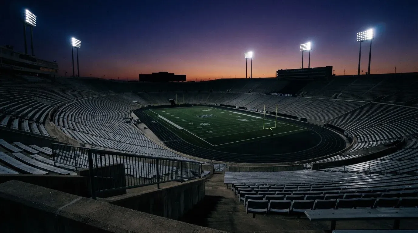 An empty football stadium with floodlight masts at dusk