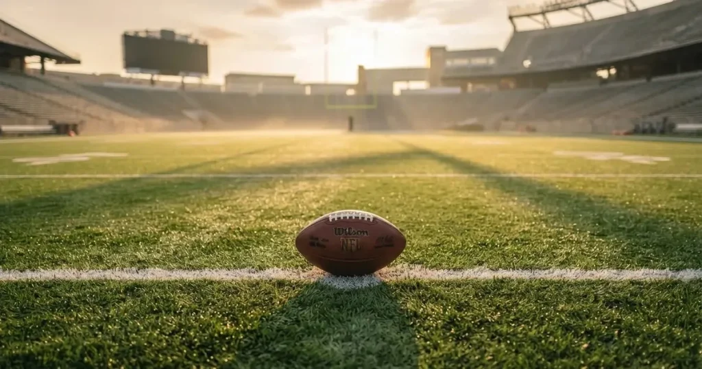 A ball on the centre spot of a grass pitch in morning light