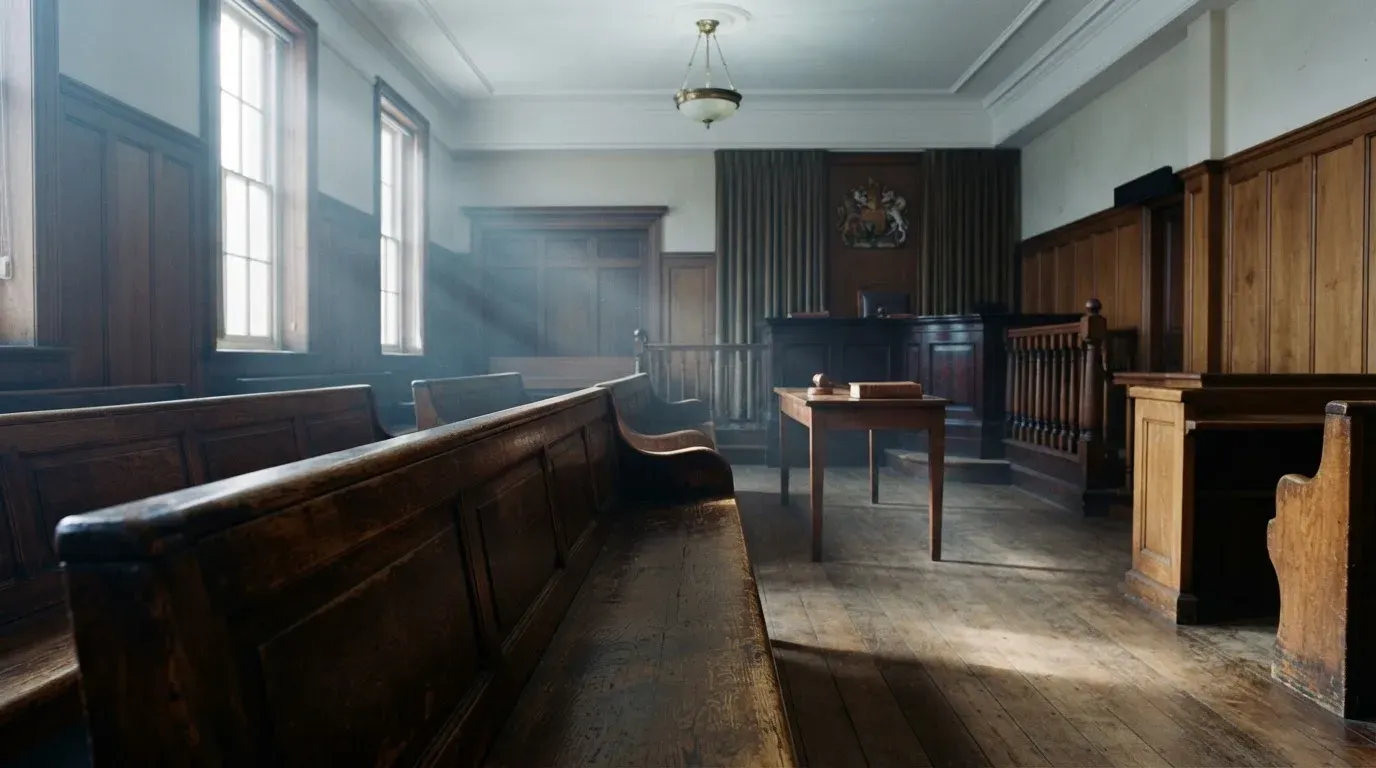 An empty courtroom with wooden benches in morning light