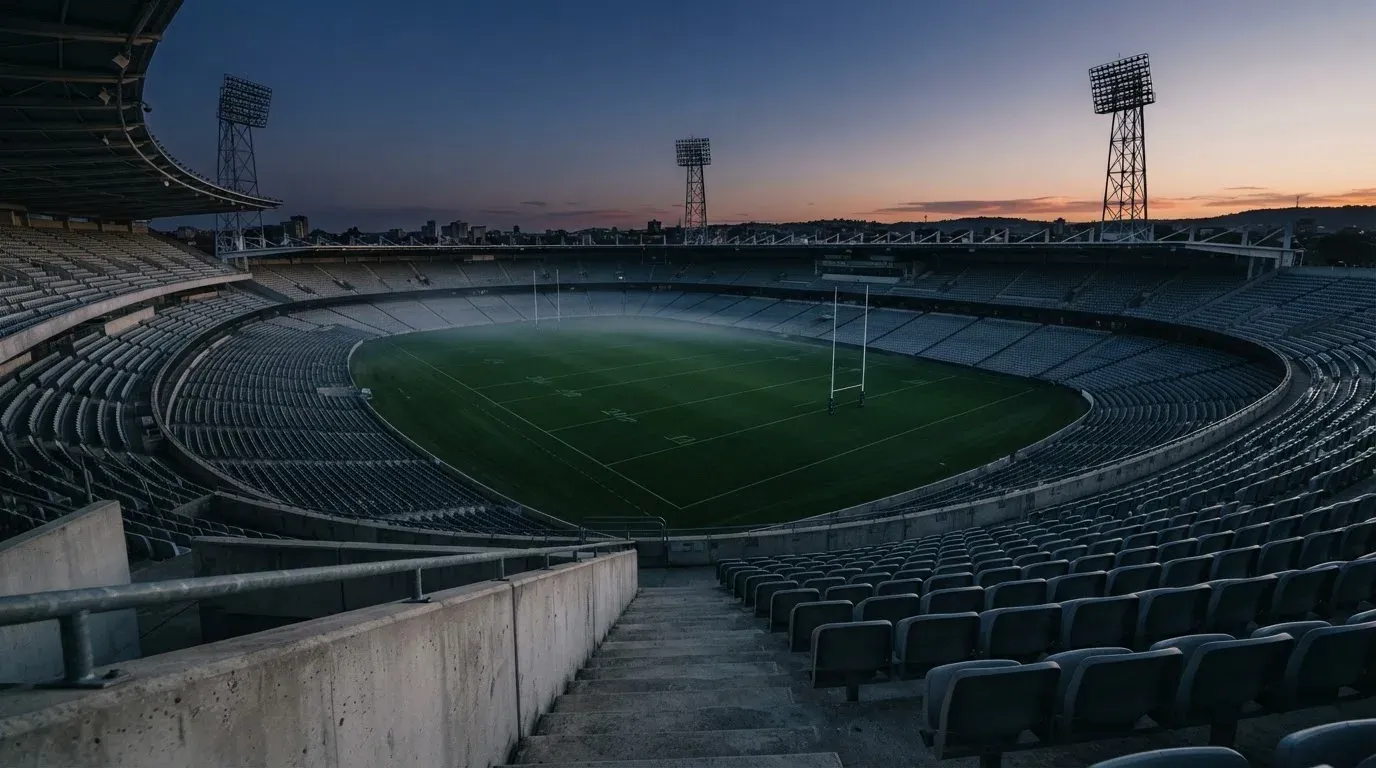 An empty football stadium with floodlight masts at dusk