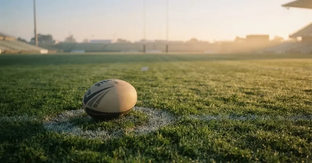 A ball on the centre spot of a grass pitch in morning light