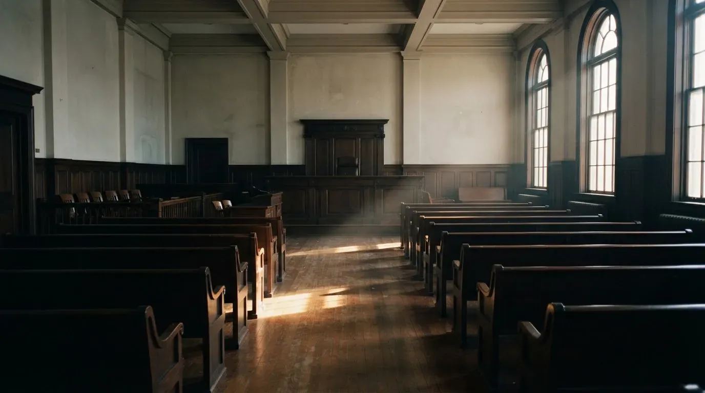 An empty courtroom with wooden benches in morning light