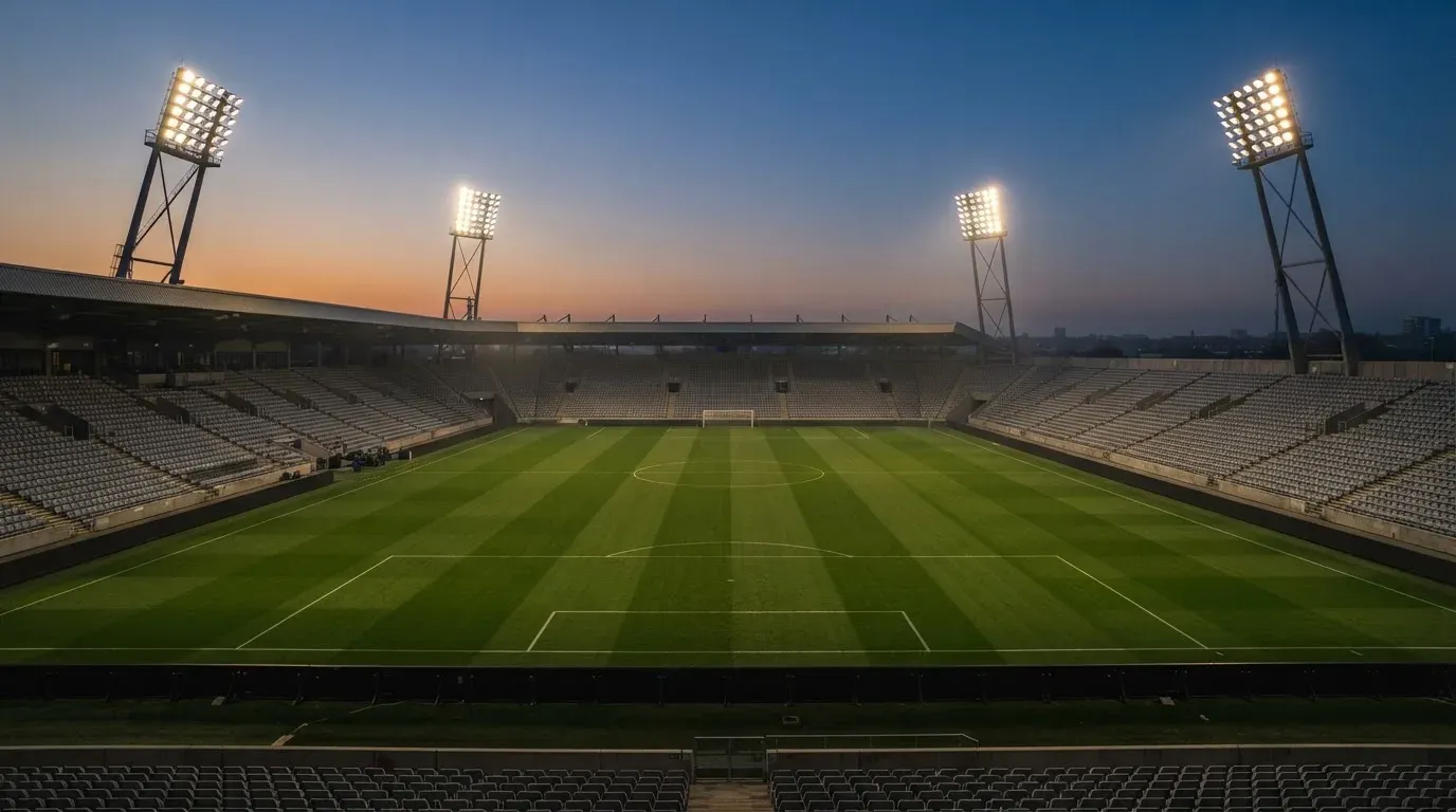 An empty football stadium with floodlight masts at dusk