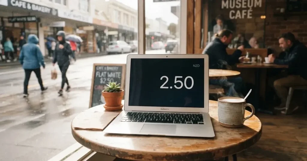 A laptop on a café table by a window onto the street