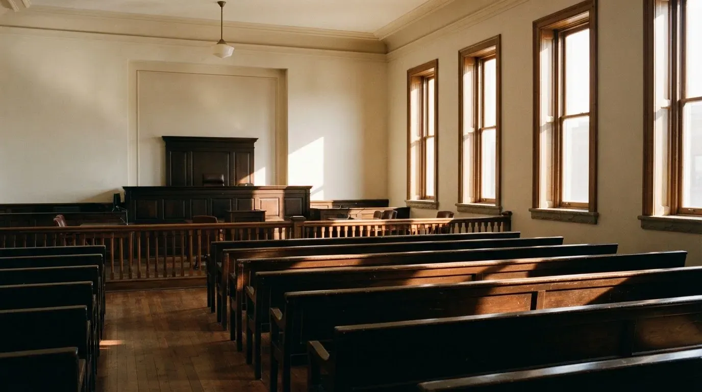 An empty courtroom with wooden benches in morning light