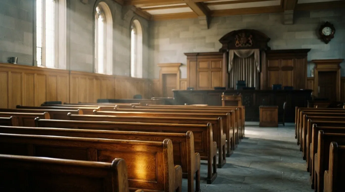 An empty courtroom with wooden benches in morning light
