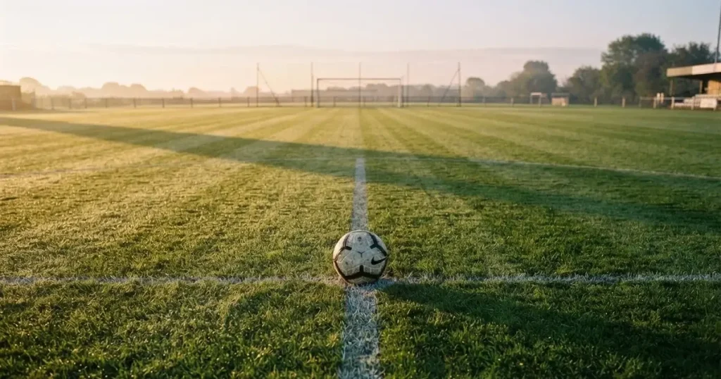 A ball on the centre spot of a grass pitch in morning light