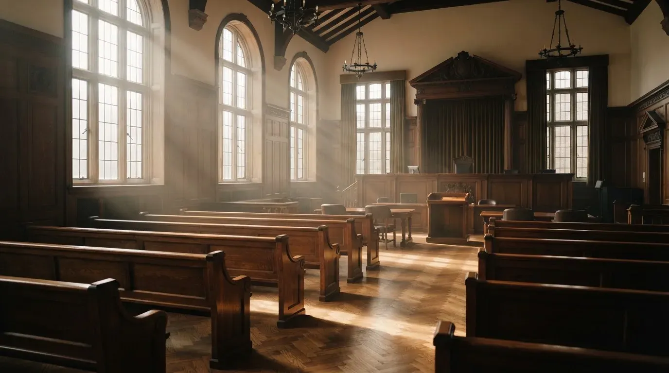 An empty courtroom with wooden benches in morning light