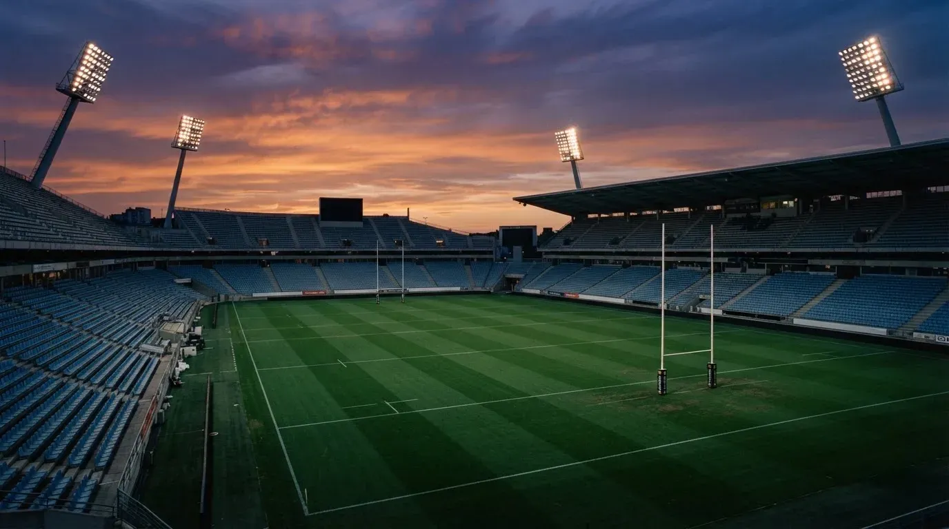 An empty football stadium with floodlight masts at dusk