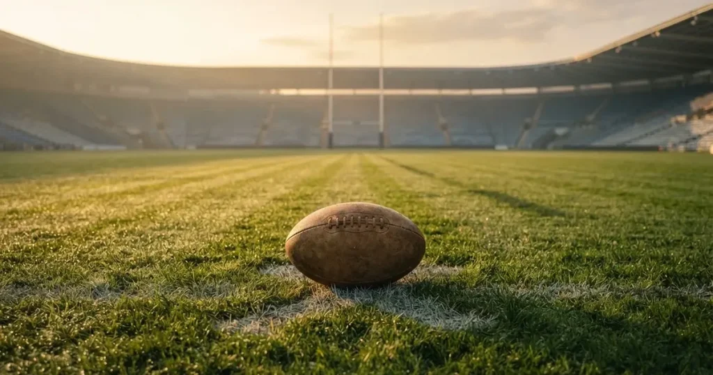 A ball on the centre spot of a grass pitch in morning light