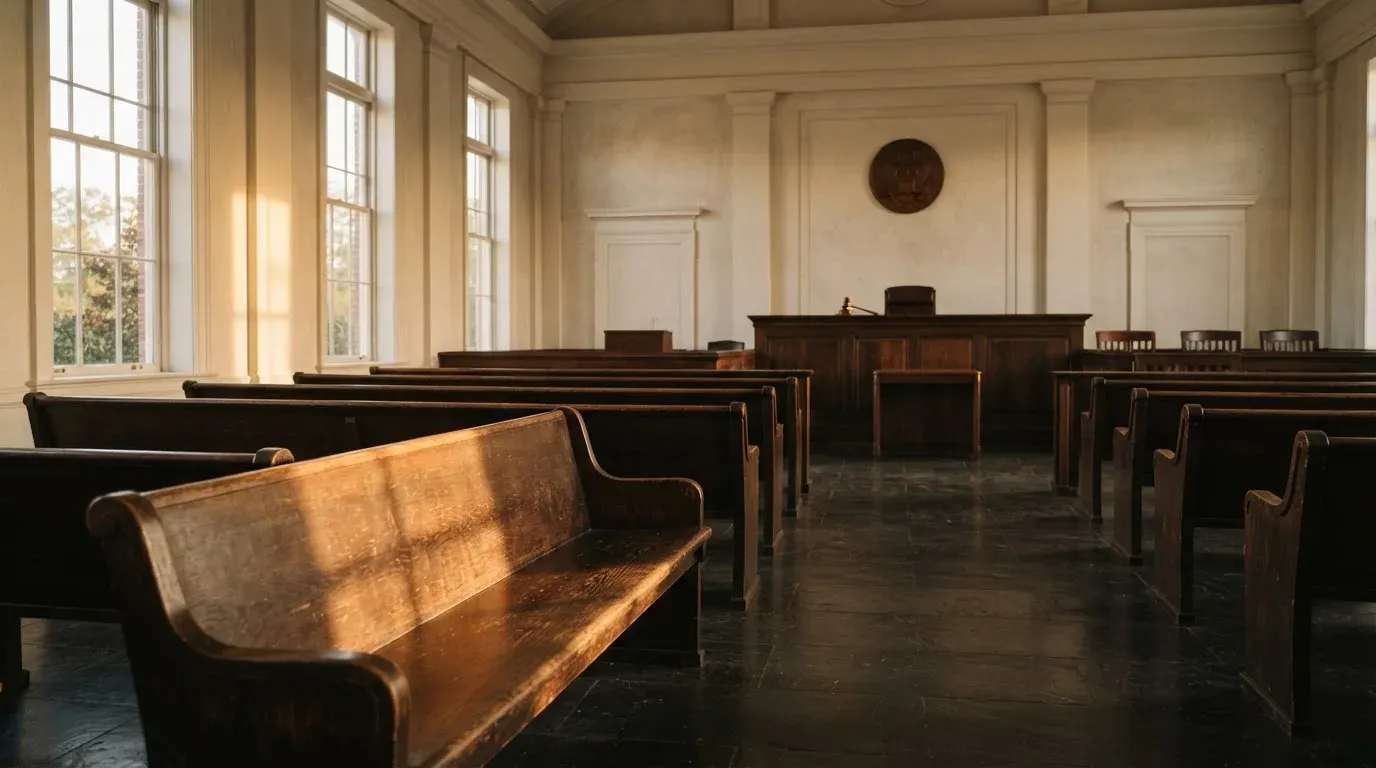 An empty courtroom with wooden benches in morning light