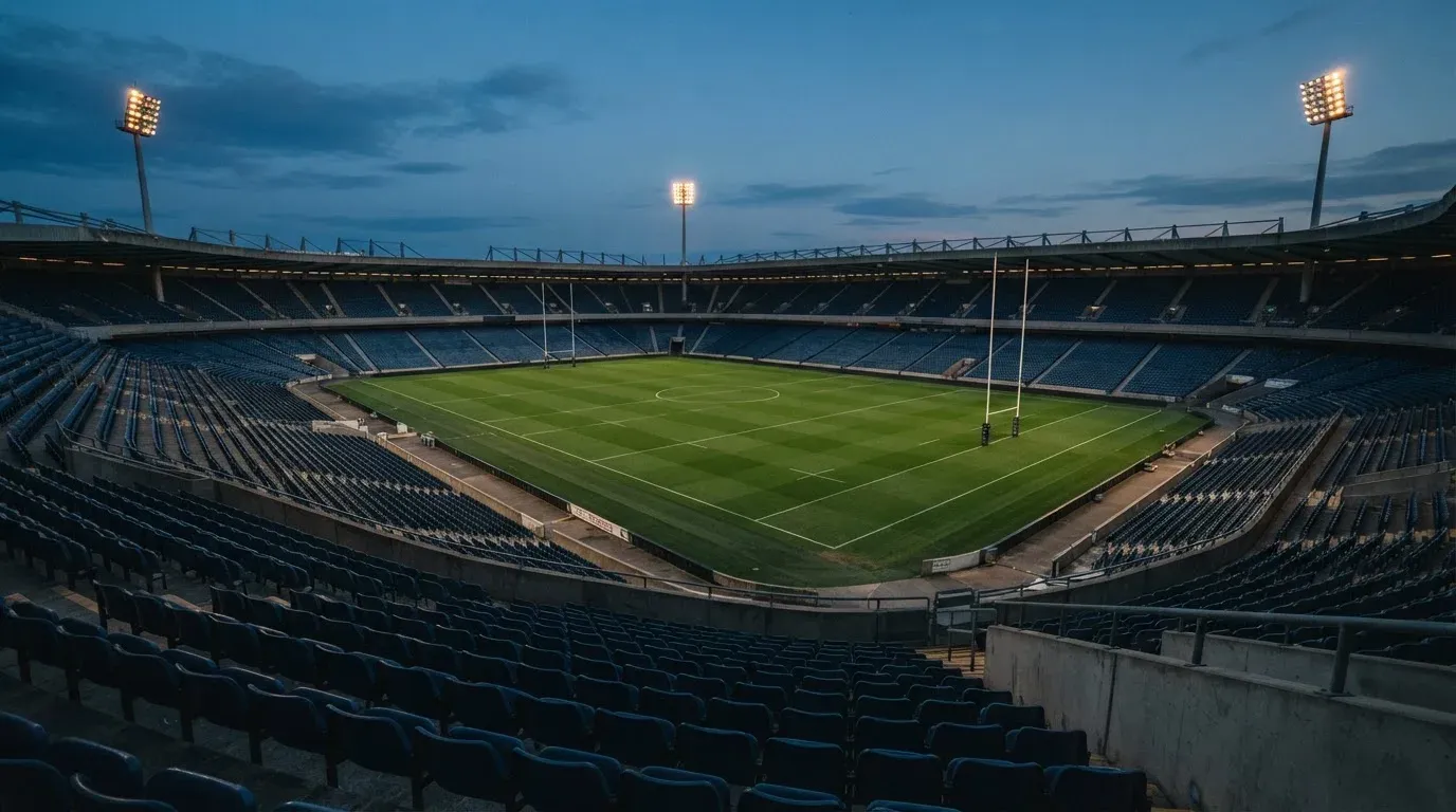 An empty football stadium with floodlight masts at dusk