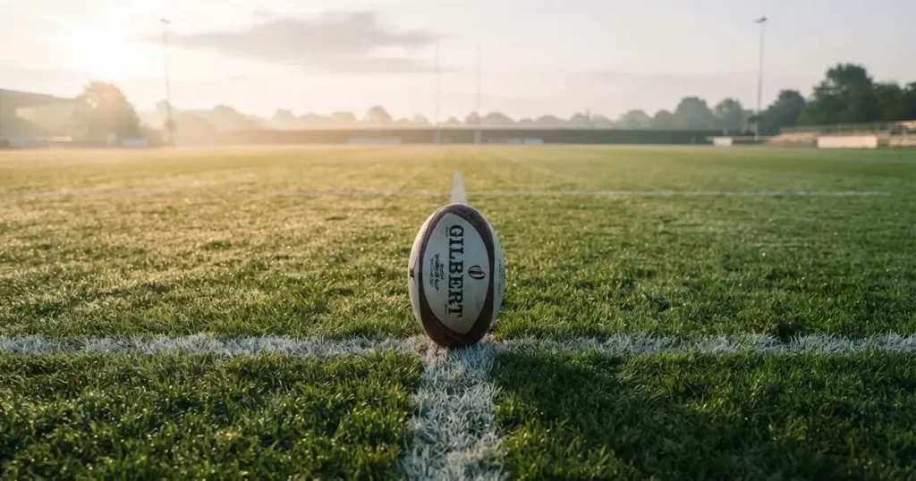 A ball on the centre spot of a grass pitch in morning light