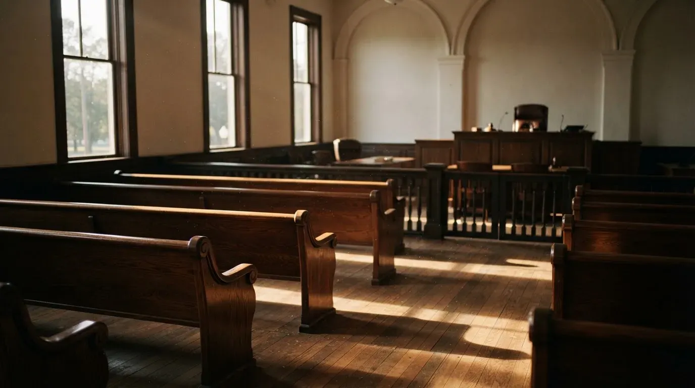 An empty courtroom with wooden benches in morning light