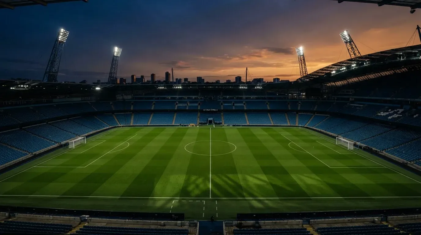 An empty football stadium with floodlight masts at dusk