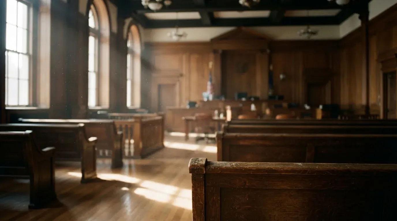 An empty courtroom with wooden benches in morning light