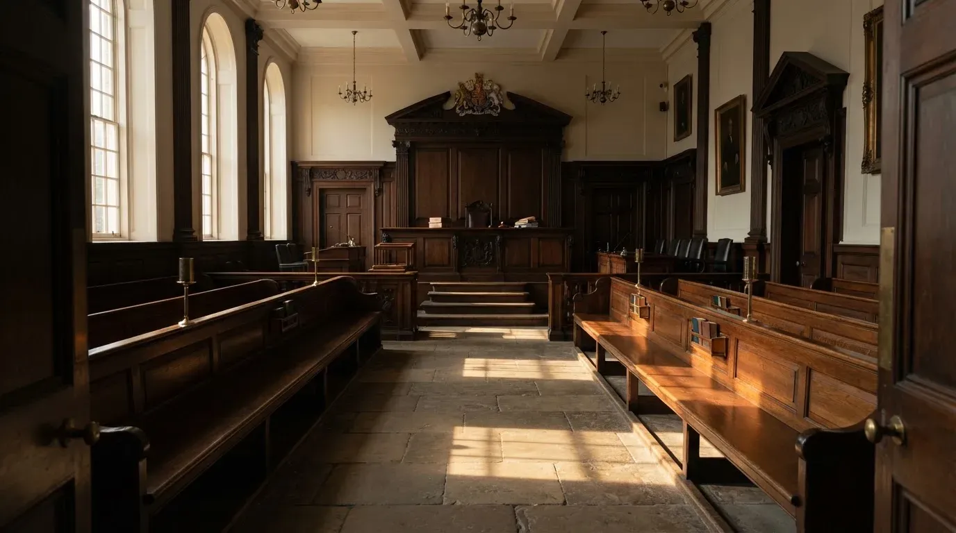 An empty courtroom with wooden benches in morning light