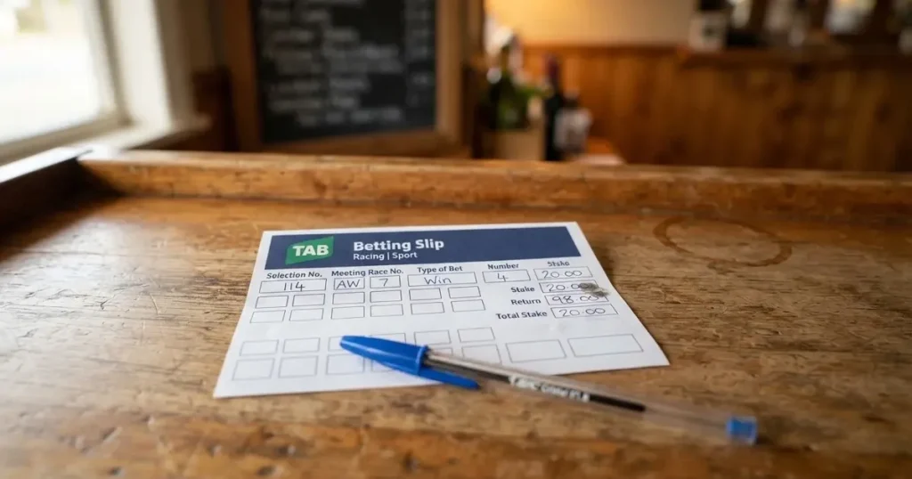 A blank paper betting slip beside a pen on a wooden counter
