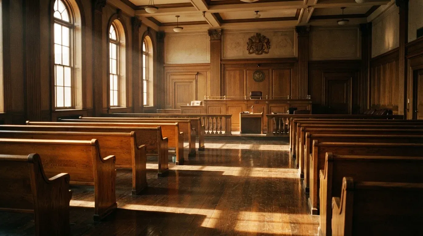 An empty courtroom with wooden benches in morning light