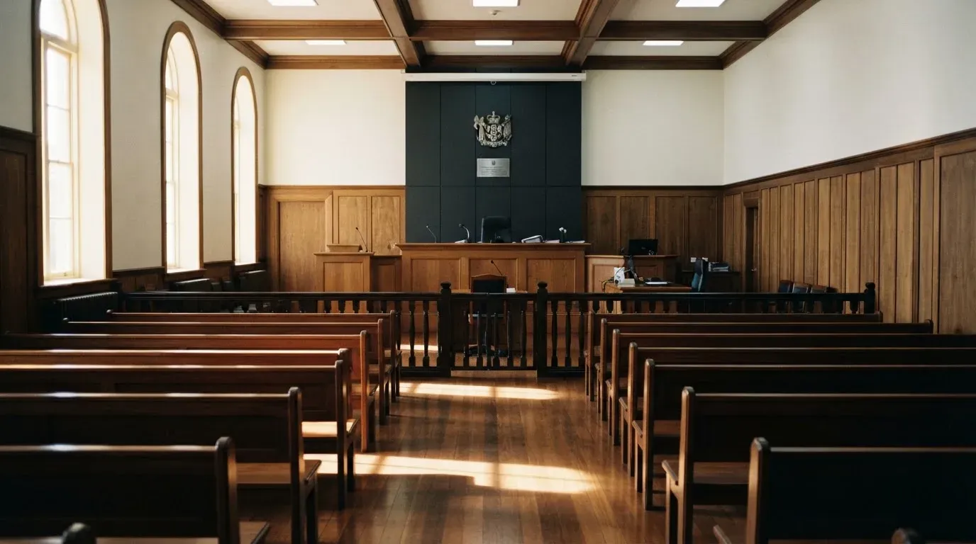 An empty courtroom with wooden benches in morning light
