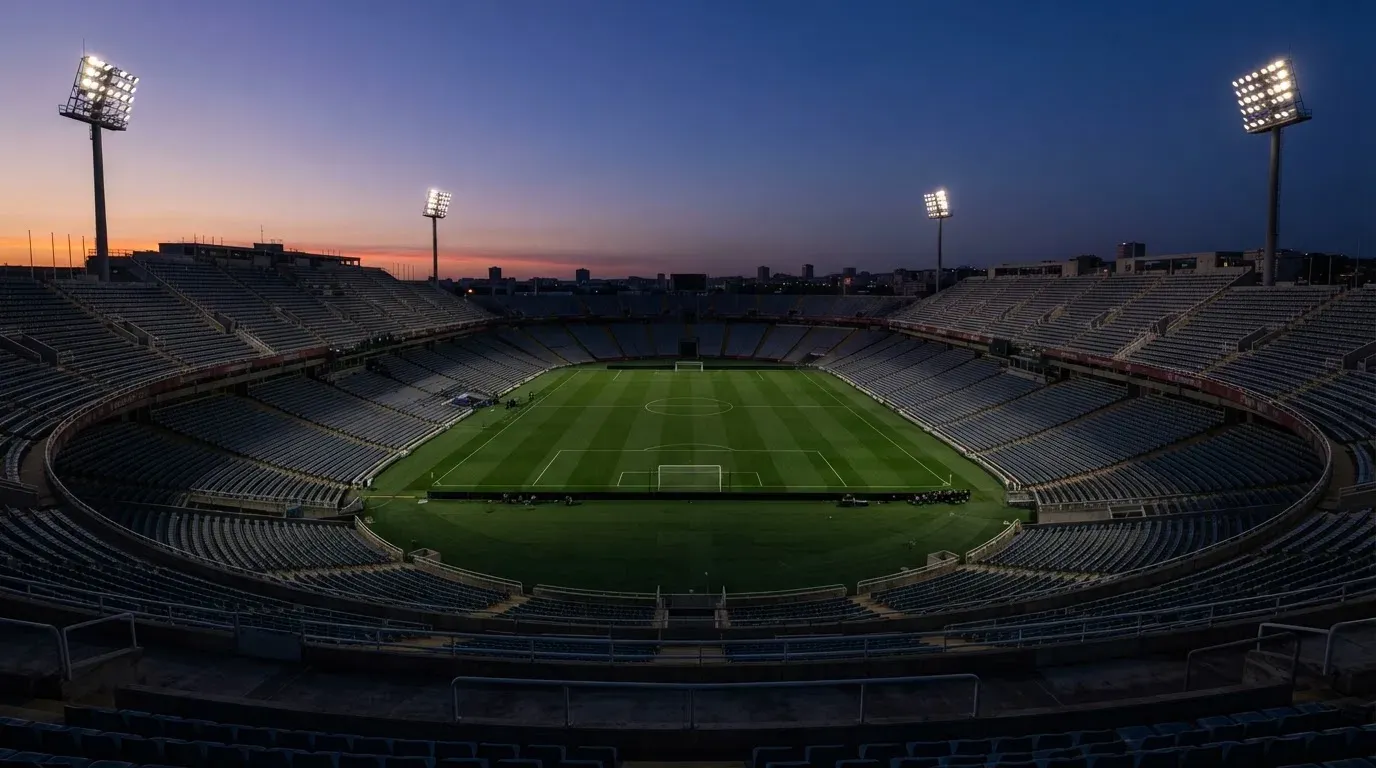 An empty football stadium with floodlight masts at dusk