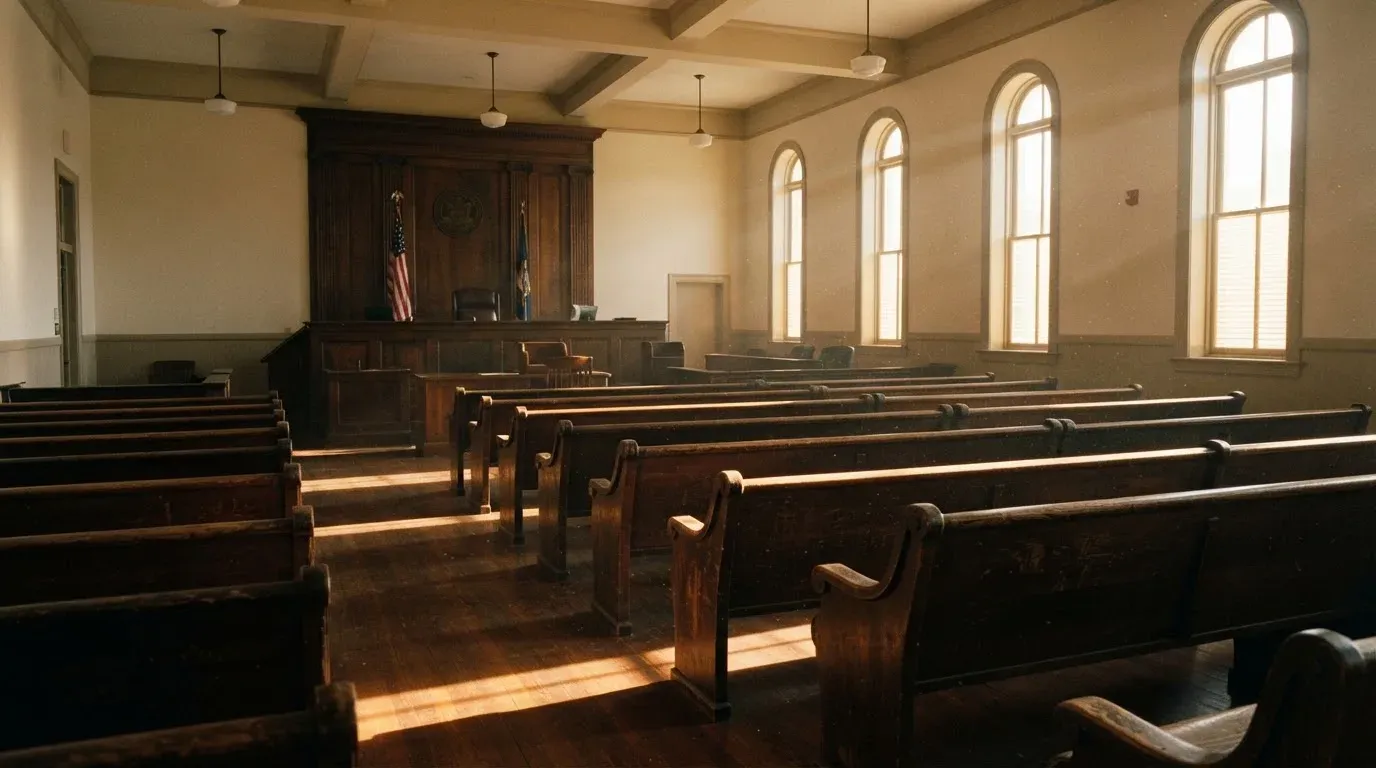 An empty courtroom with wooden benches in morning light