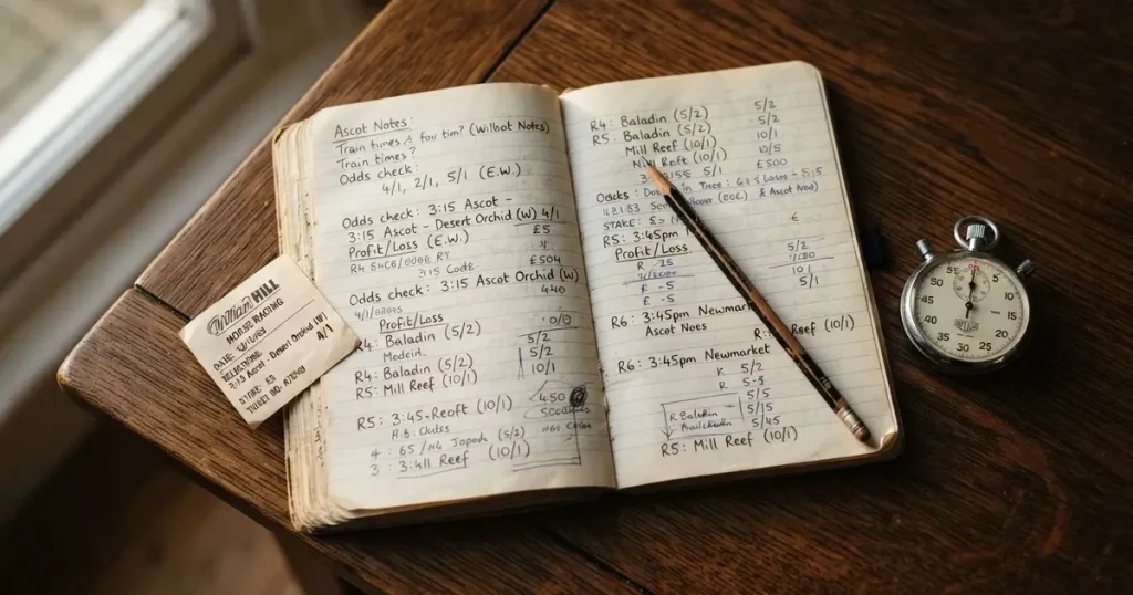An open notebook with a pencil and a stopwatch on a wooden table