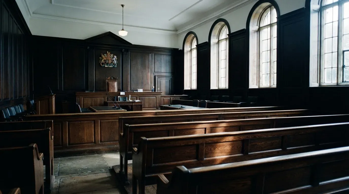 An empty courtroom with wooden benches in morning light
