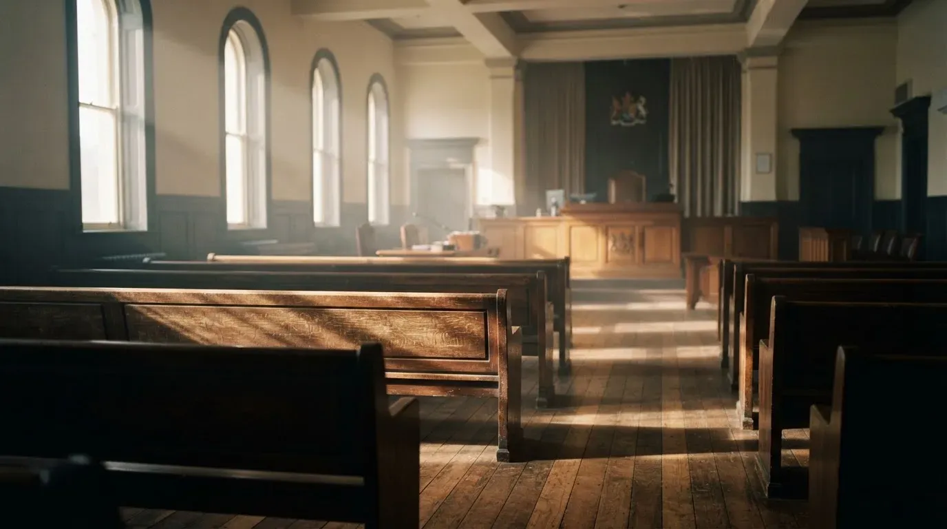 An empty courtroom with wooden benches in morning light