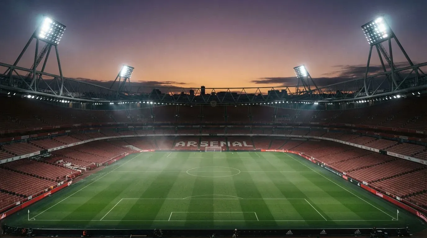 An empty football stadium with floodlight masts at dusk