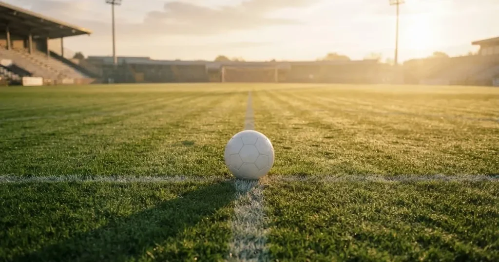 A ball on the centre spot of a grass pitch in morning light
