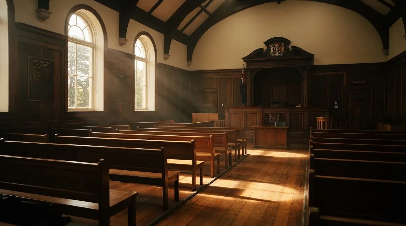 An empty courtroom with wooden benches in morning light