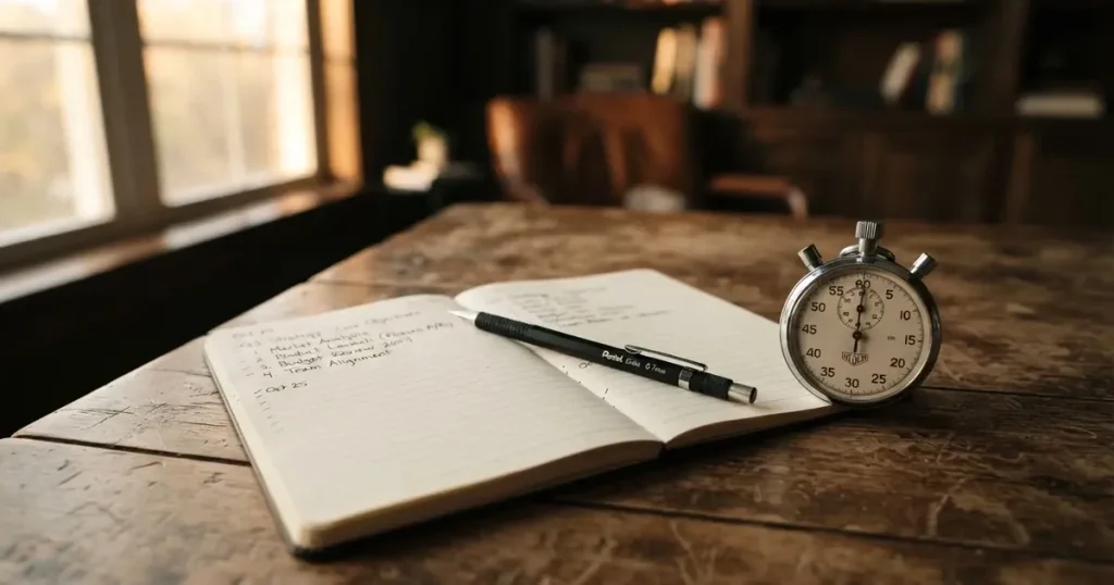 An open notebook with a pencil and a stopwatch on a wooden table