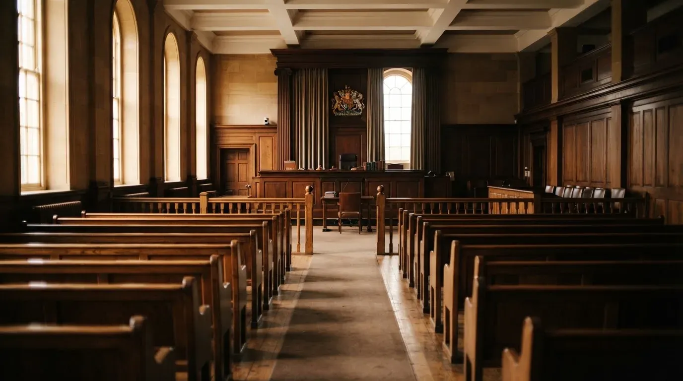 An empty courtroom with wooden benches in morning light